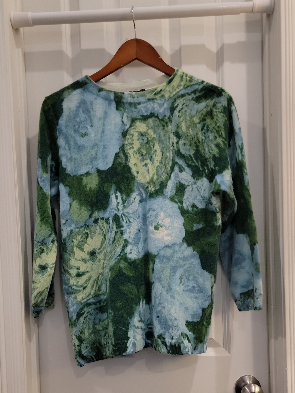 Talbots Blue & Green Floral Cashmere Crewneck Sweater